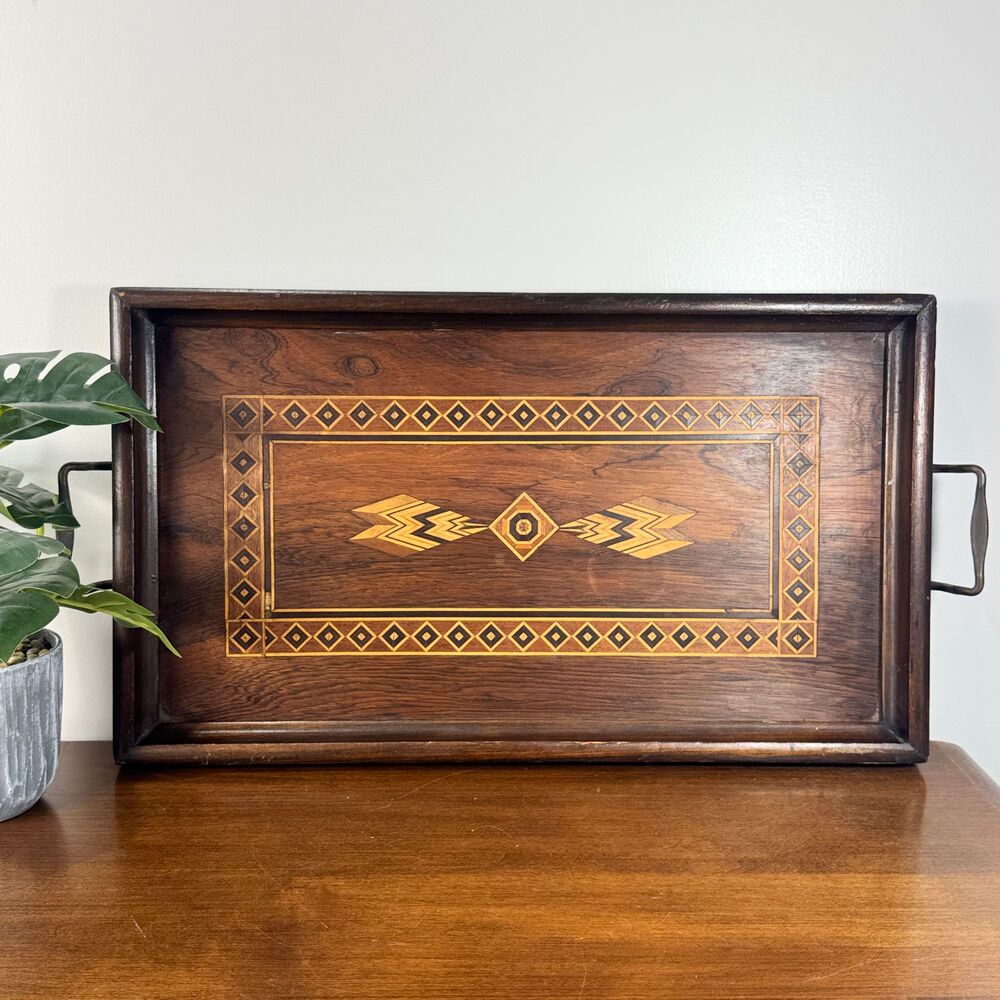 Vintage Wood Inlay Serving Tray Art Deco Geometric Marquetry Design Handles